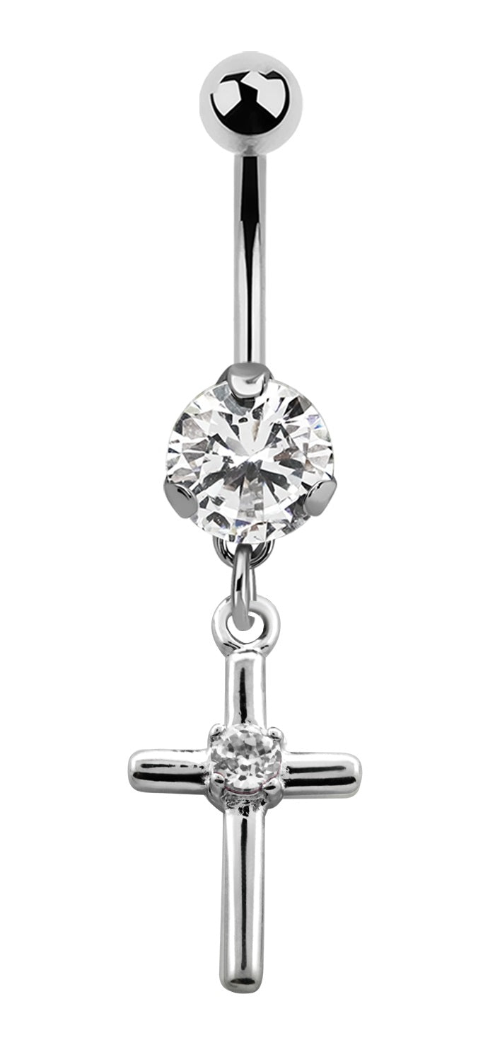 Lau Fashion Bauchnabel Piercing Zirkonia Kreuz Silber Kristalle Stab 1,6x10mm Stein Ø 8mm