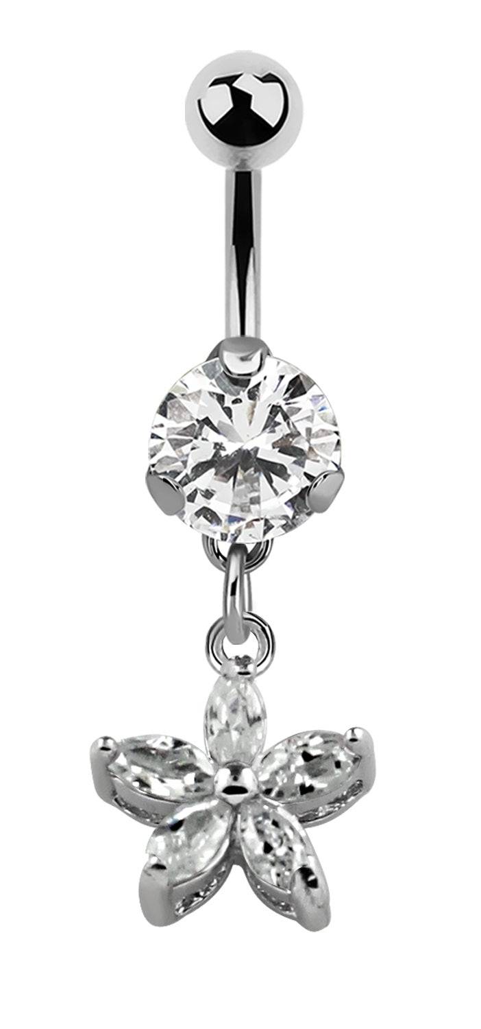 Lau Fashion Blumen Stern Bauchnabelpiercing Zirkonia Silber Kristalle Stab 1,6x10mm Stein Ø 8mm