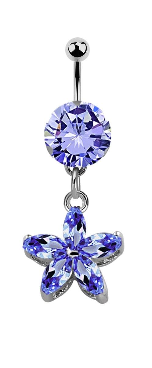 Lau Fashion Blumen Stern Bauchnabelpiercing Zirkonia Silber Kristalle Stab 1,6x10mm Stein Ø 8mm