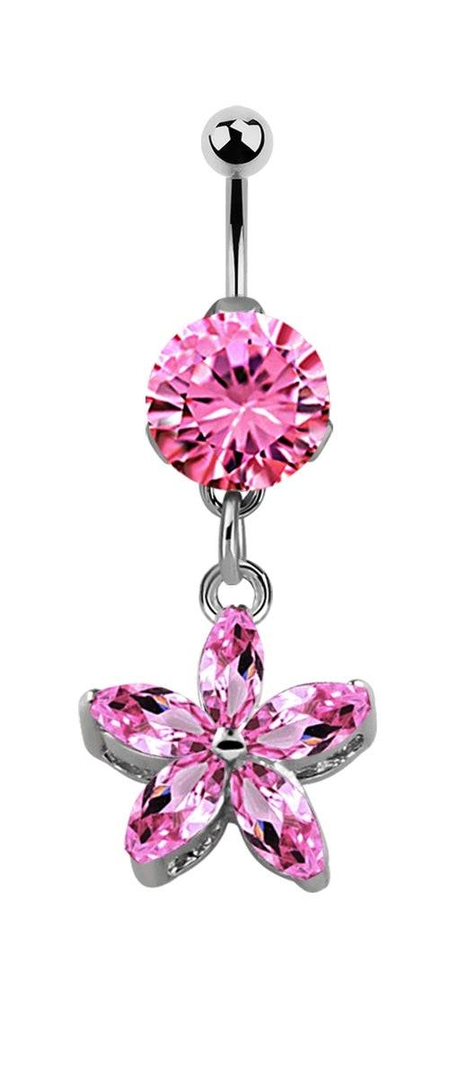 Lau Fashion Blumen Stern Bauchnabelpiercing Zirkonia Silber Kristalle Stab 1,6x10mm Stein Ø 8mm