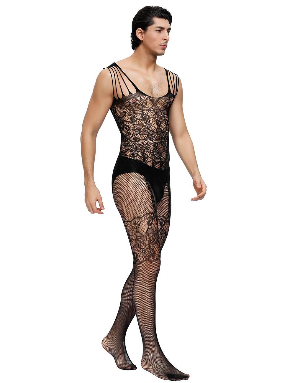 Lau Fashion Bodystocking Herren Catsuit Spitze Transparenz Reizwäsche Strapse Träger S/M/L