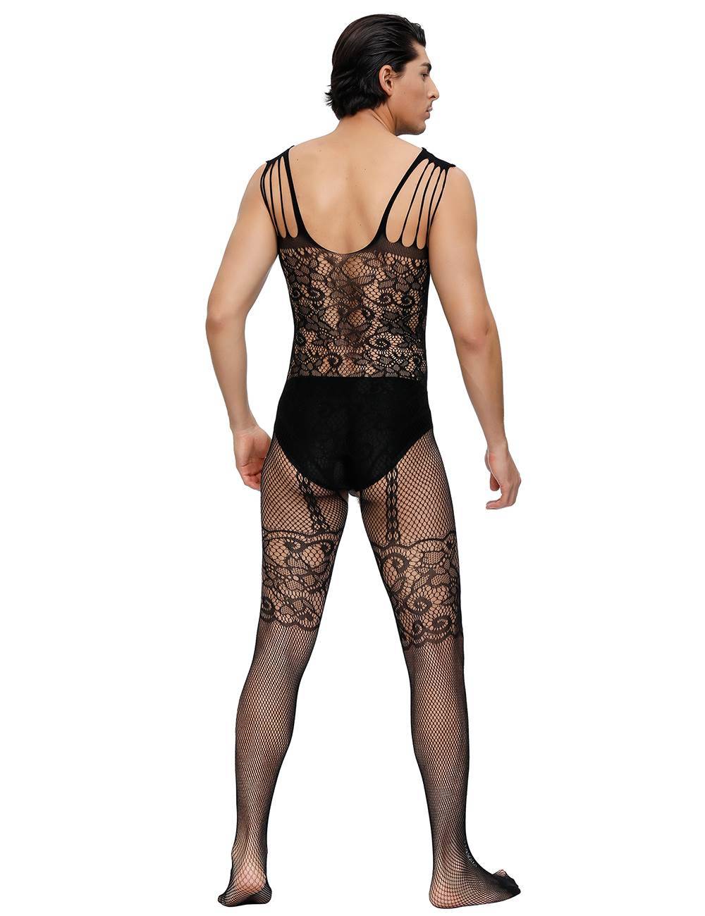 Lau Fashion Bodystocking Herren Catsuit Spitze Transparenz Reizwäsche Strapse Träger S/M/L