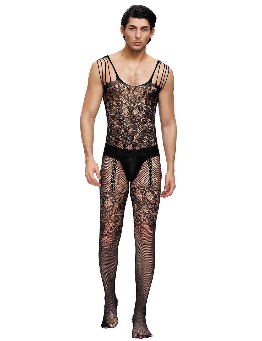 Lau Fashion Bodystocking Herren Catsuit Spitze Transparenz Reizwäsche Strapse Träger S/M/L