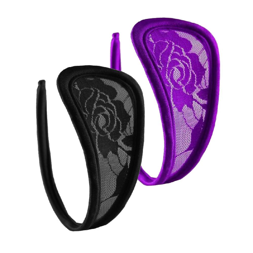 Lau Fashion C-String Set Spitze Damen Slip Mini Bikini Schwarz Lila Unterhose Dessous S/M/L