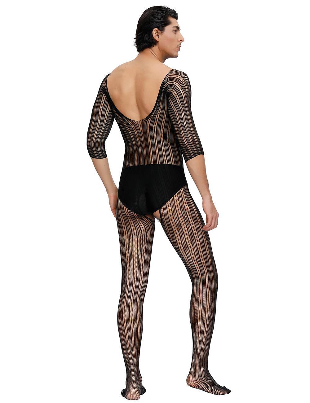 Lau Fashion Catsuit Herren Body Stocking Nadelstreifen Transparent Dessous Schwarz Nylon S/M/L