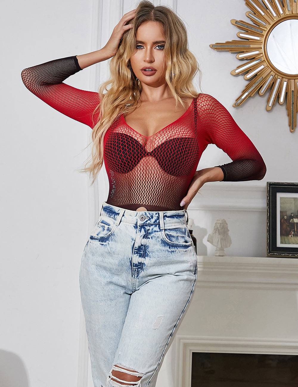 Lau Fashion Damen Body Catsuit Transparent Zweifarbig Stocking Rückfrei Nylon Netz Dessous S/XL