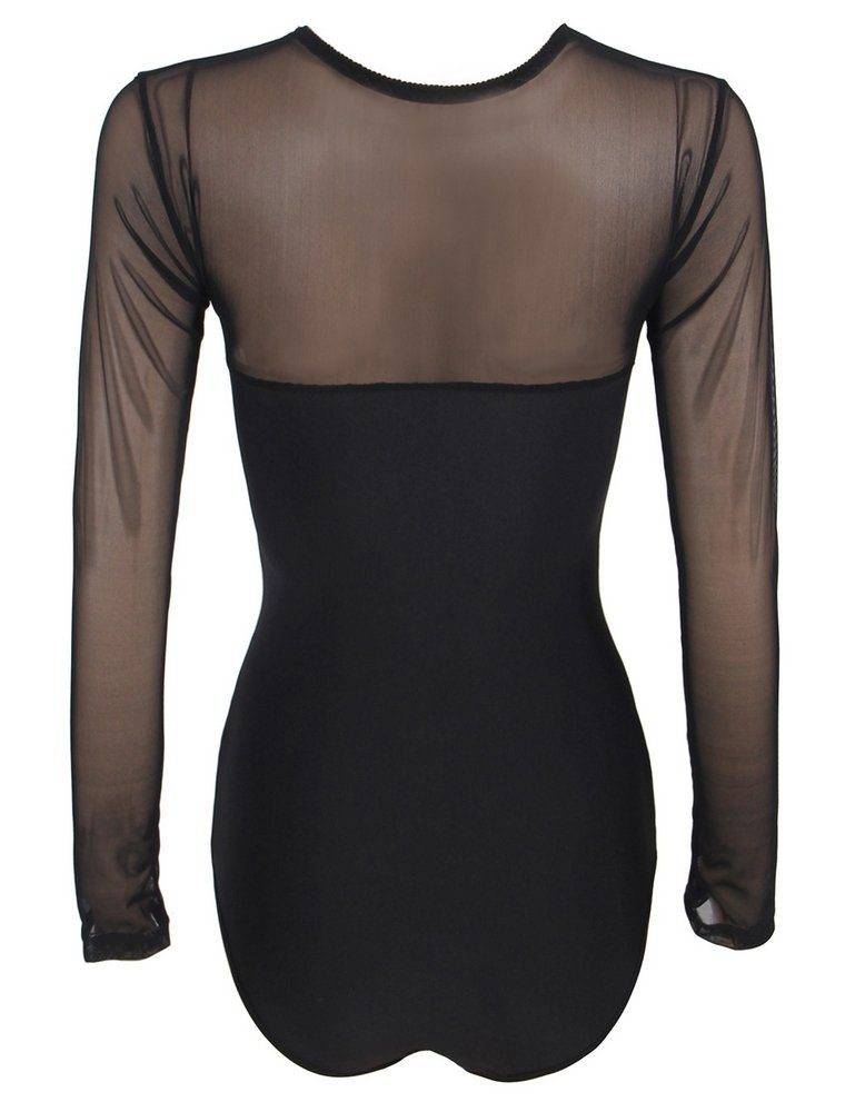 Lau Fashion Damen Body Unterwäsche Mit Transparent Stoff Schwarz Rundhals Langarm S/M - R80373