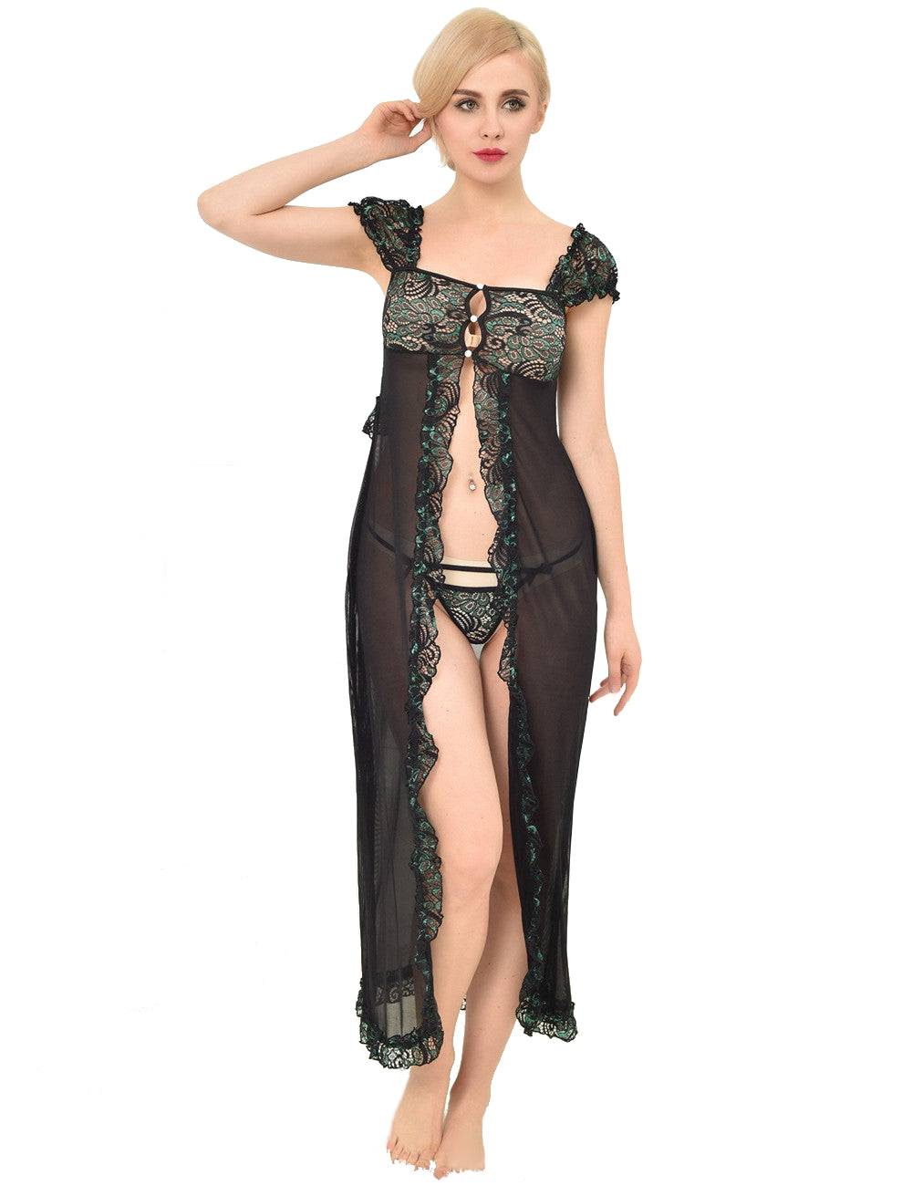 Lau Fashion Damen Dessous Set Langer Spitze Mantel Schwarz Reizwäsche String S/M