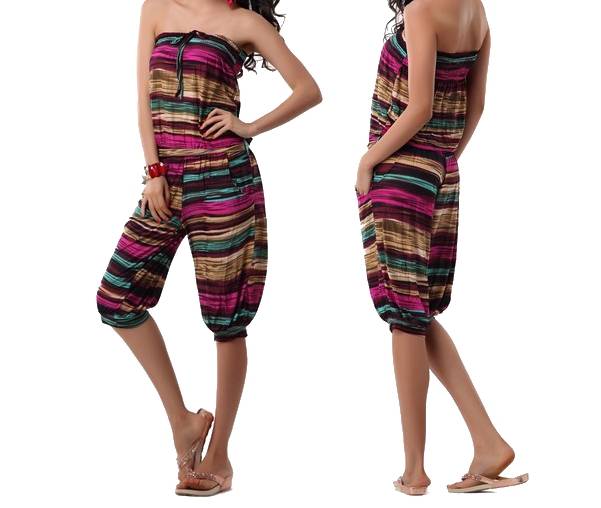 Lau Fashion Damen Jumpsuit Overall Kurz Beige Weinrot Streifen Catsuit Strandmode Urlaub Shorts Bandeau Größe S/