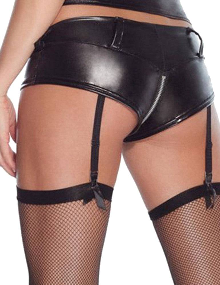 Lau Fashion Damen Lack Leder Slip Strapse Halter Reißverschluss Strumpfgürtel Dessous Schwarz Gogo S/XL