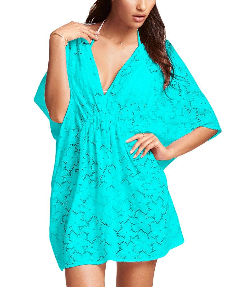 Lau Fashion Damen Longshirt Blumen Spitze Tunika Strandkleid C-String Sommer Bikini S/M