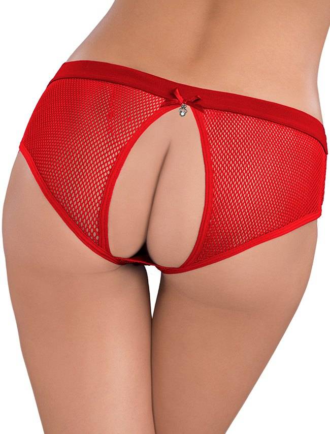 Lau Fashion Damen Netz Slip Offen Rot Popo Panty Reizwäsche Mit Schleifchen Strass S/XL