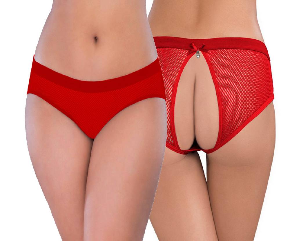 Lau Fashion Damen Netz Slip Offen Rot Popo Panty Reizwäsche mit Schleifchen Strass S/XL