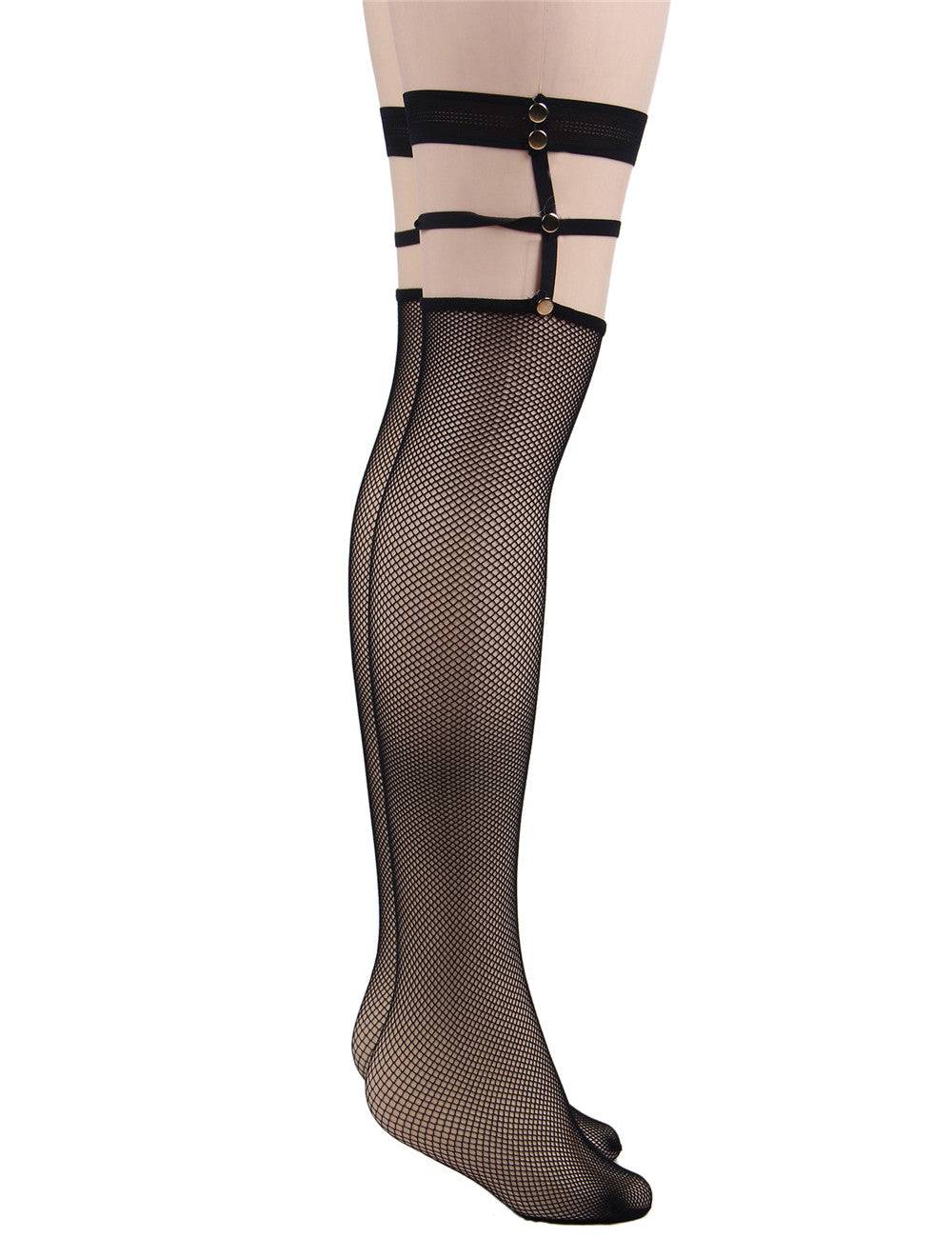Lau Fashion Damen Netz Strapse Strümpfe Halterlose Overknees Mit Nieten Nylon Schwarz S/M