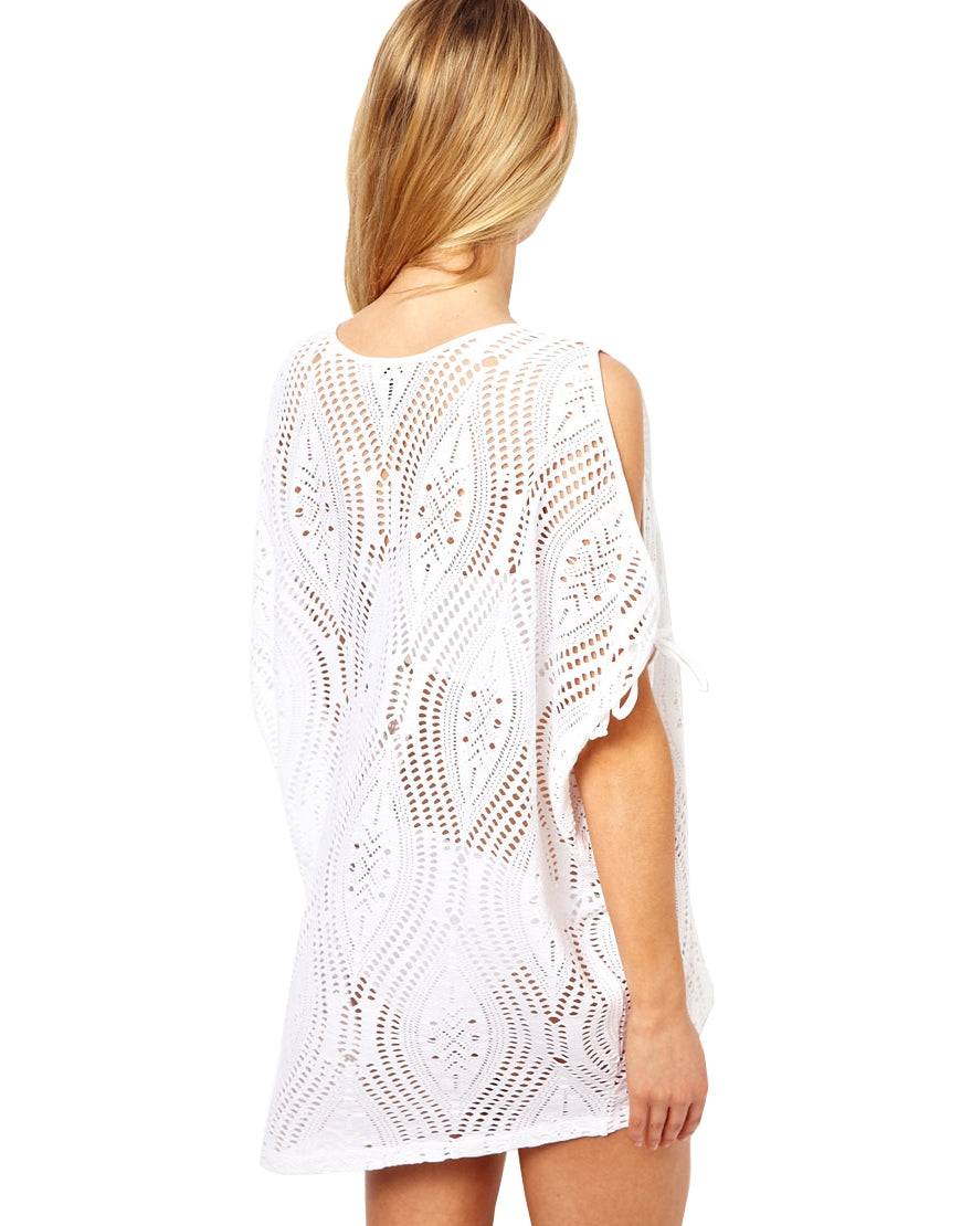 Lau Fashion Damen Netzshirt Tunika Strandkleid Weiß Bademode Sommer Bikini S/M/L