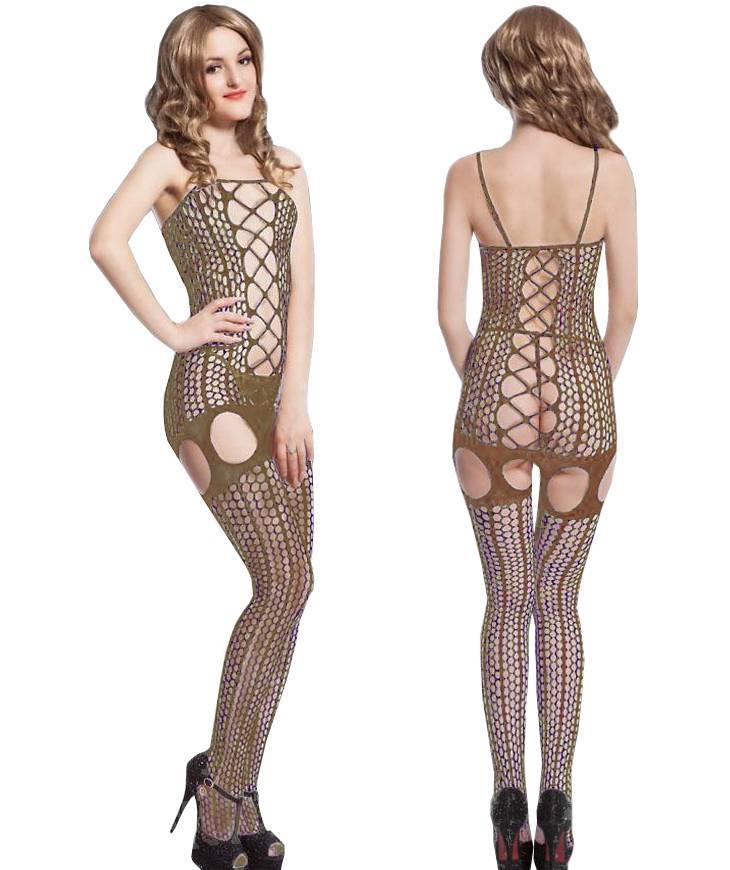 Lau Fashion Damen Ouvert Catsuit Bodystocking Beige Offen Netz Dessous Gogo Reizwäsche Arsch Größe S/M/L