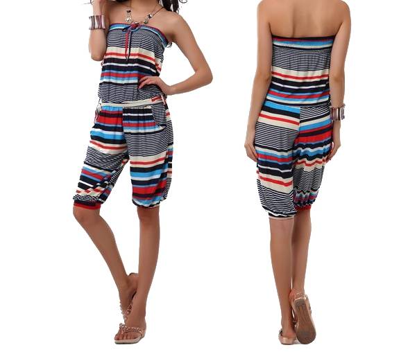 Lau Fashion Damen Overall Kurz Marine Rot Jumpsuit Catsuit Strandmode Urlaub Shorts Bandeau Größe S/M