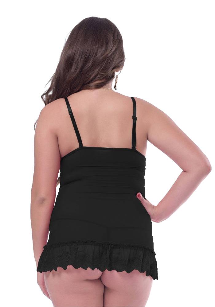 Lau Fashion Damen Reizwäsche Träger Dessous Schwarz Spitze Babydoll Schleifchen + Tanga L/XL