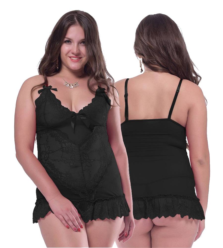 Lau Fashion Damen Reizwäsche Träger Dessous Schwarz Spitze Babydoll Schleifchen + Tanga L/XL