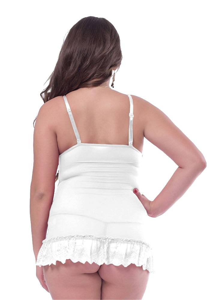 Lau Fashion Damen Reizwäsche Träger Dessous Weiß Spitze Babydoll Schleifchen + Tanga L/XL