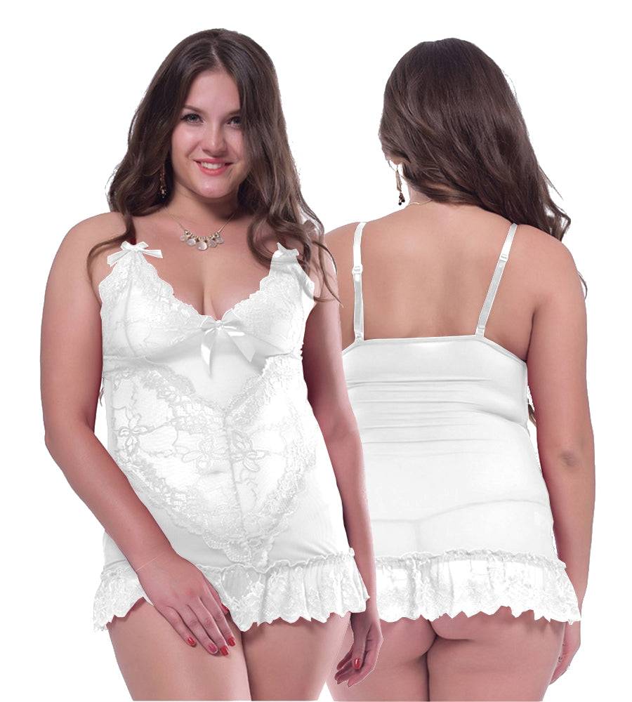 Lau Fashion Damen Reizwäsche Träger Dessous Weiß Spitze Babydoll Schleifchen + Tanga L/XL