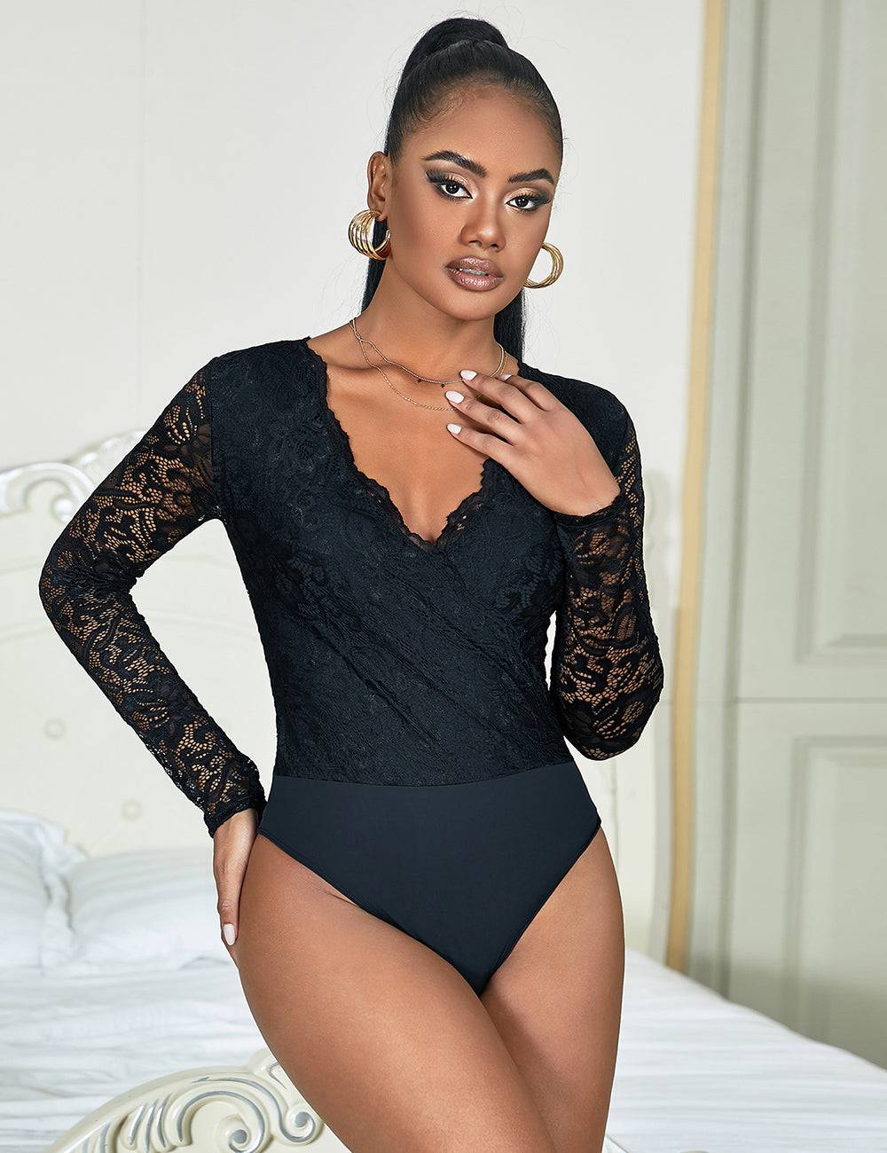 Lau Fashion Damen Spitze Body Langarm Bodysuits Schwarz Unterwäsche Blumen Dessous Reizwäsche S/XL