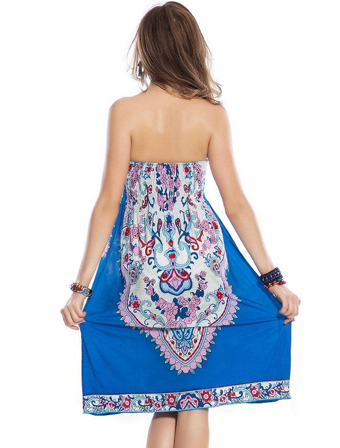 Lau Fashion Damen Strandkleid Blumen Blau Triball Parero Sommerkleid Bandeau Sommerkleid S/M