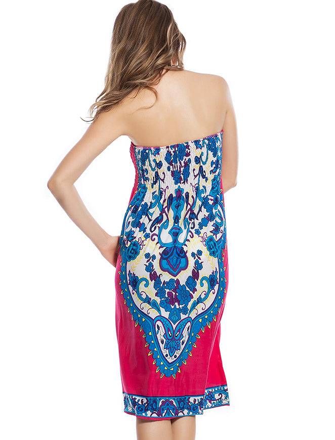 Lau Fashion Damen Strandkleid Blumen Pink Triball Bademode Parero Minikleid Bikini Bandeau Sommerkleid Größe S/M