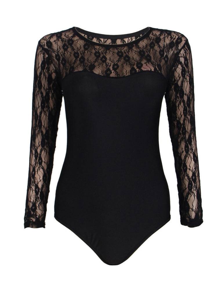 Lau Fashion Damen Unterwäsche Body Schwarz Weiß Mit Spitze Transparent Rundhals Langarm S/XL - R80372