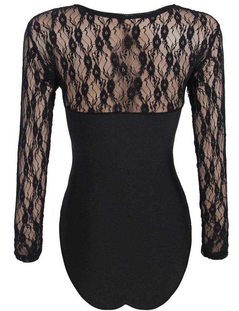 Lau Fashion Damen Unterwäsche Body Schwarz Weiß Mit Spitze Transparent Rundhals Langarm S/XL - R80372