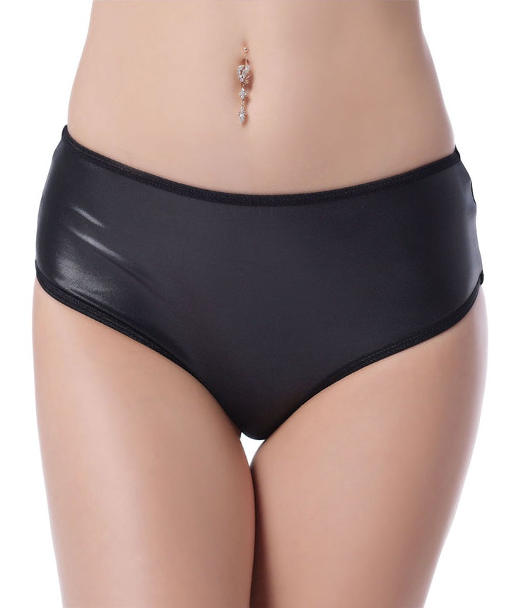 Lau Fashion Damen Wetlook Mini Panty Kette Lack Look Offen Dessous Gogo C-String Shorts S/M