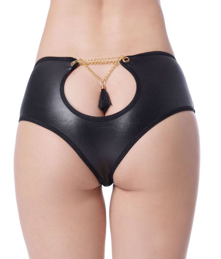 Lau Fashion Damen Wetlook Mini Panty Kette Lack Look Offen Dessous Gogo C-String Shorts S/M