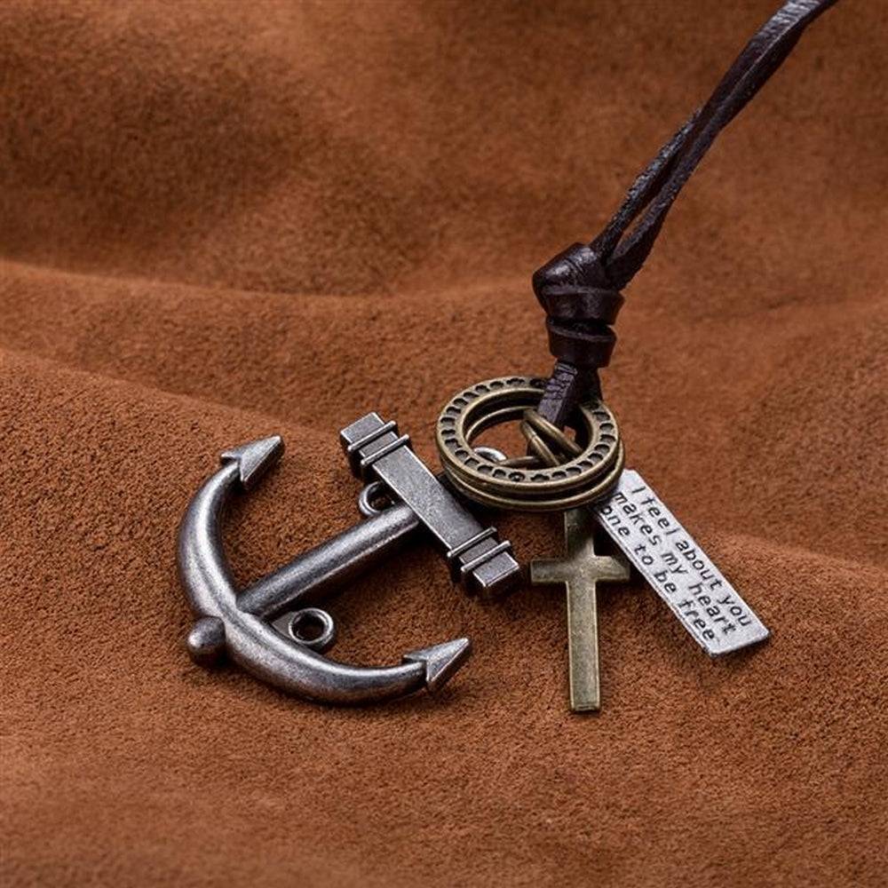 Lau Fashion Echt Leder Halskette Surfer Style Damen & Herren Braun Skull Schmuck Ringe