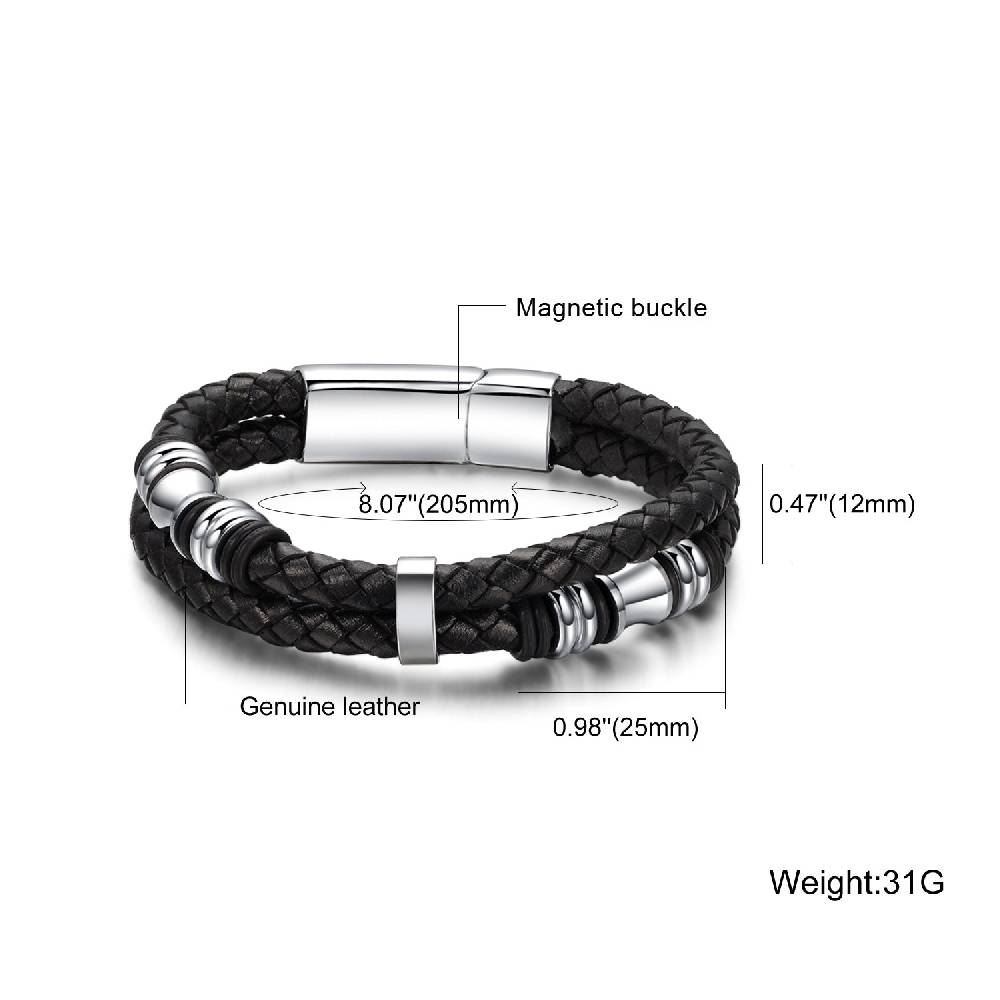Lau Fashion Echt Leder Herren Armband Geflochten Schwarz Lederband Edelstahl Magnet 22cm