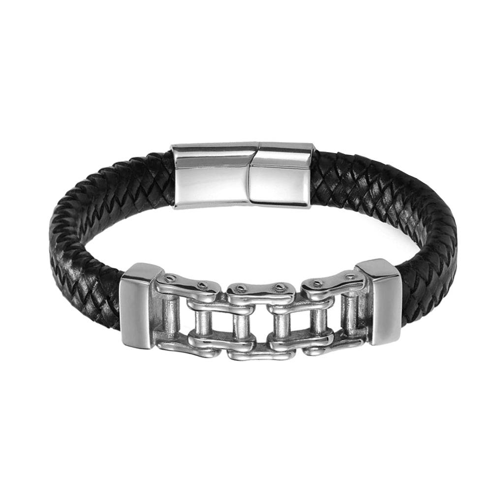 Lau Fashion Echt Leder Herren Armband Panzer Kette Schwarz Lederband Magnet 21,5cm