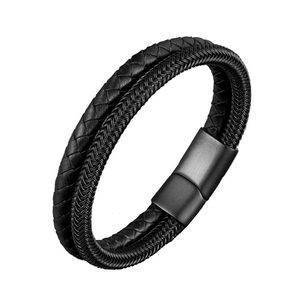 Lau Fashion Edelstahl Draht Armband Handschmuck Geflochten Schwarz Lederband Magnet 21cm