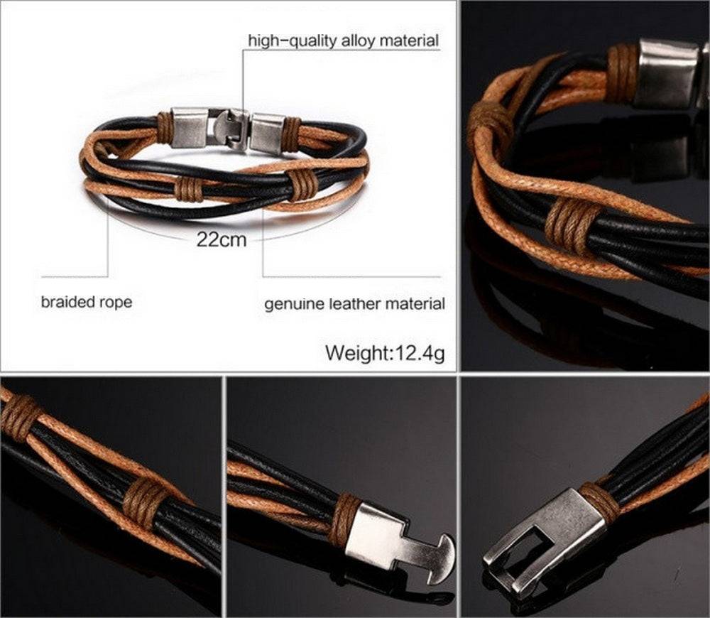 Lau Fashion Herren Armband Echt Leder Braun Schwarz Surfer Fashion Schmuck 22cm