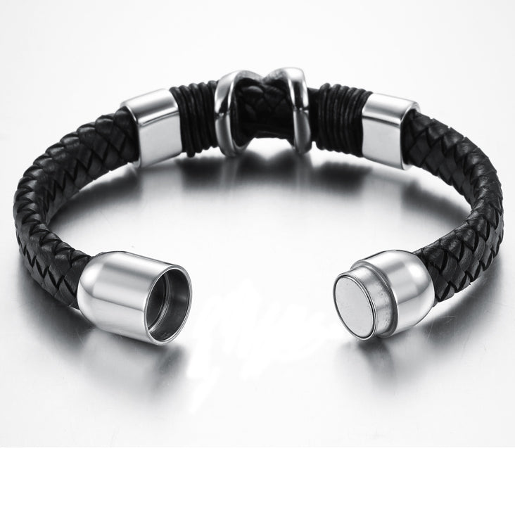 Lau Fashion Herren Armband Echt Leder X Elemente Schwarz Biker Lederband Magnet 20cm