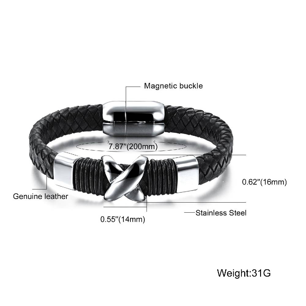 Lau Fashion Herren Armband Echt Leder X Elemente Schwarz Biker Lederband Magnet 20cm