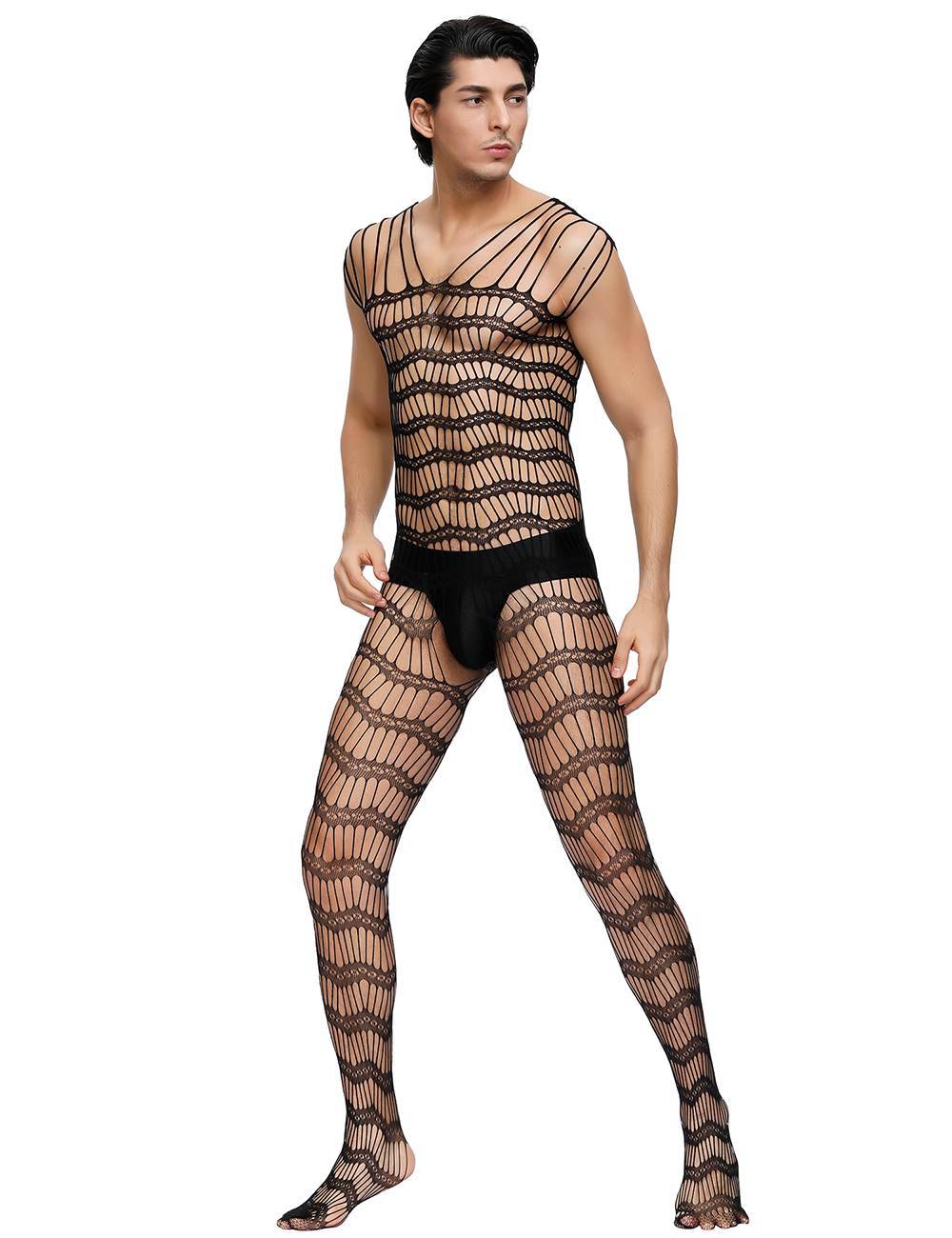 Lau Fashion Herren Bodystocking Netz Catsuit Bänder Transparent Dessous Schwarz Nylon S/M/L
