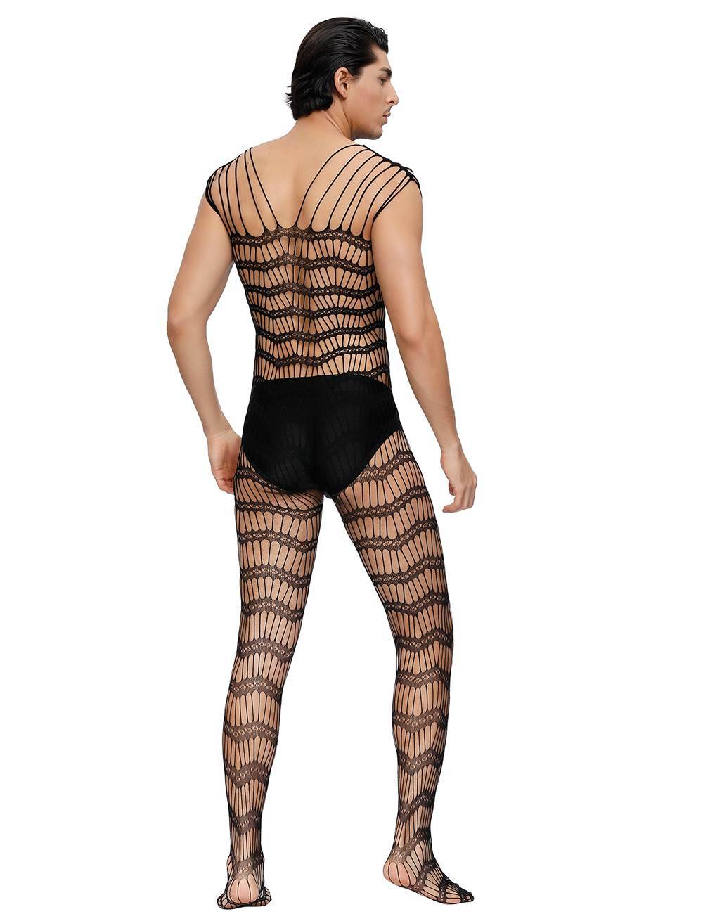 Lau Fashion Herren Bodystocking Netz Catsuit Bänder Transparent Dessous Schwarz Nylon S/M/L