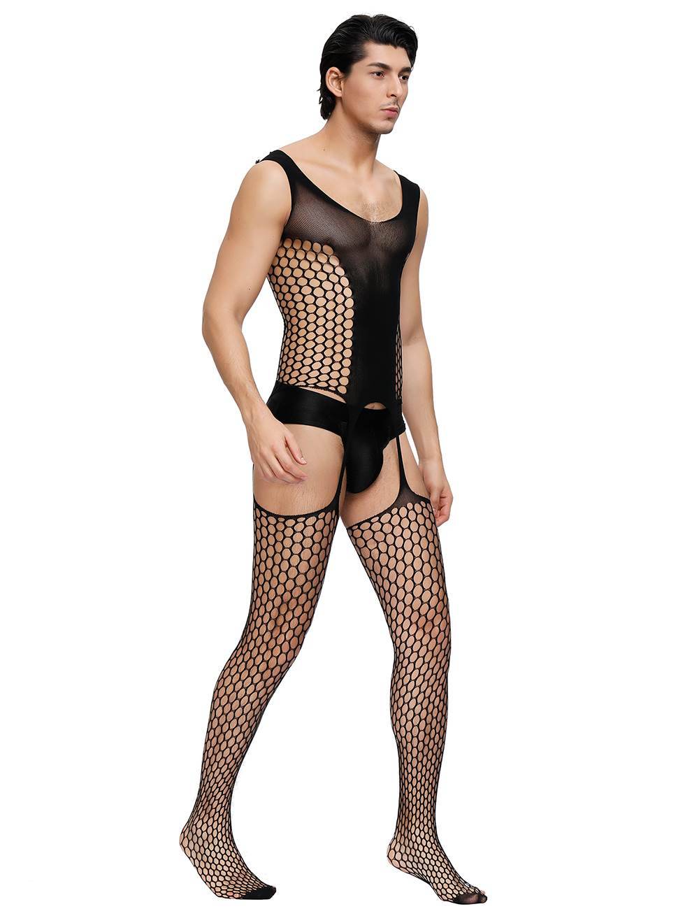 Lau Fashion Herren Loch Strapse Catsuit Transparenz Reizwäsche Body Stocking Nylon S/M/L