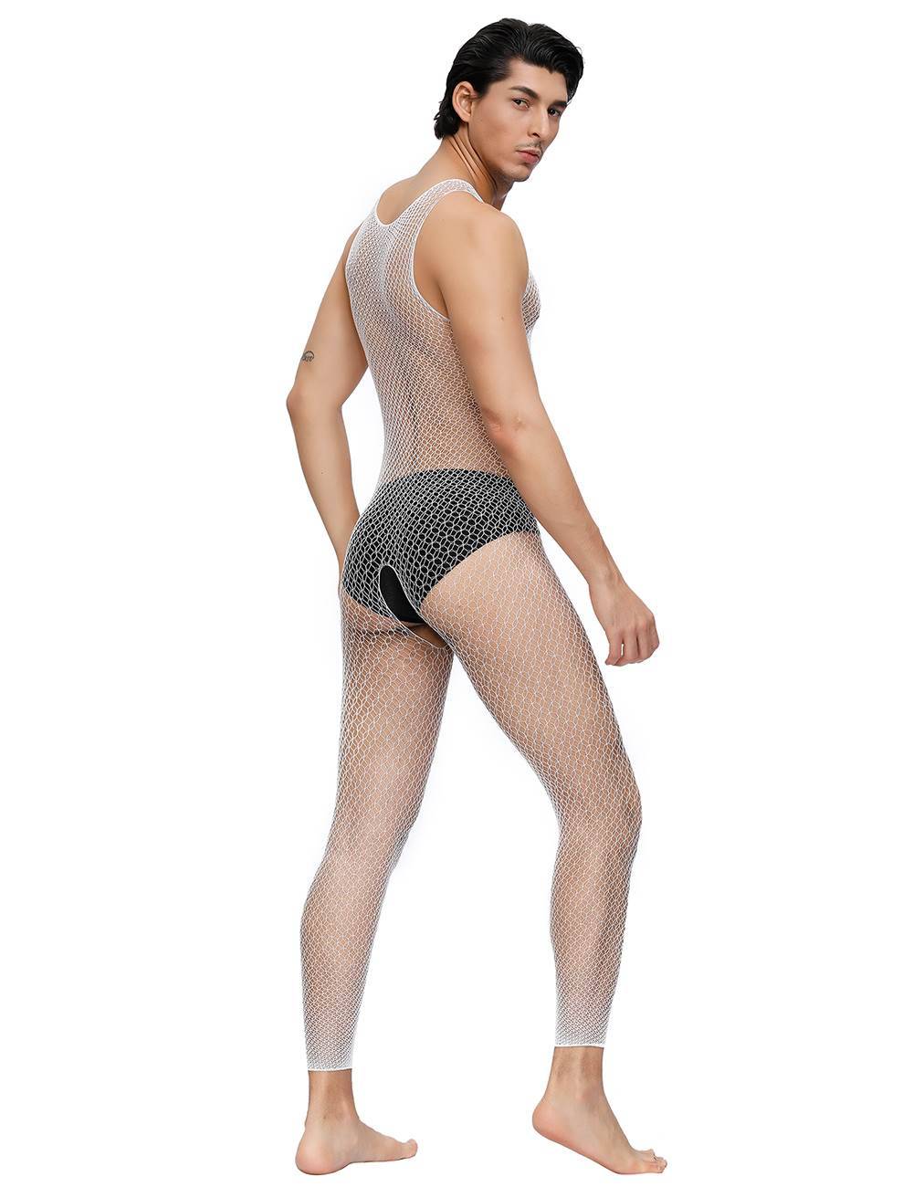 Lau Fashion Herren Netz Catsuit Transparenz Reizwäsche Weiß Bodystocking Nylon S/M/L