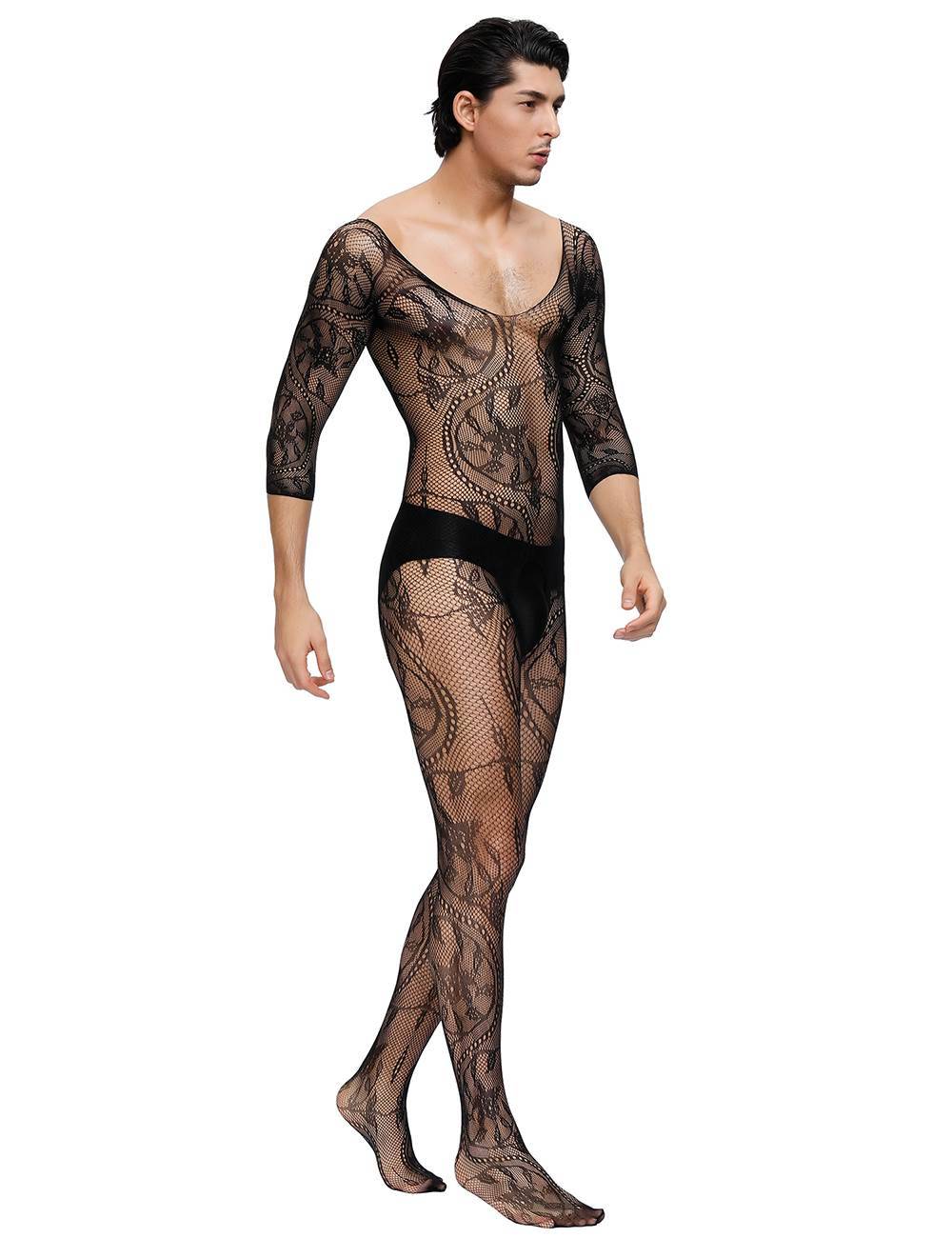 Lau Fashion Herren Spitze Catsuit Strapse Transparenz V-Ausschnitt Body Stocking Nylon S/M/L