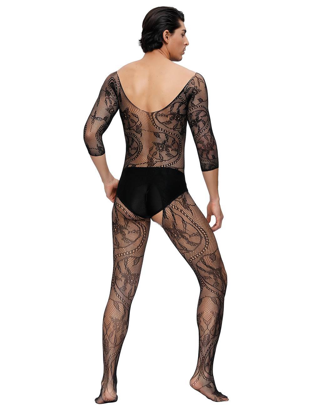 Lau Fashion Herren Spitze Catsuit Strapse Transparenz V-Ausschnitt Body Stocking Nylon S/M/L