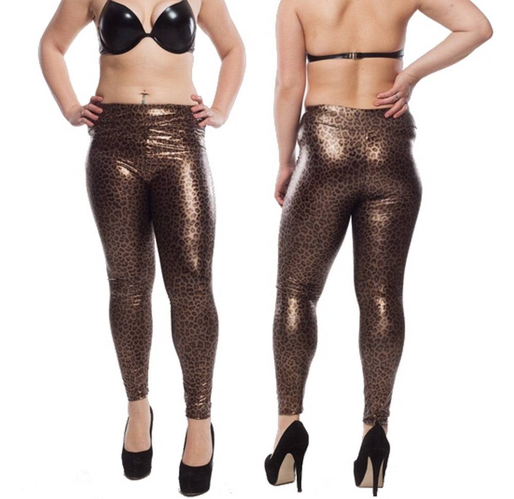 Lau Fashion Leopard Damen Leggings Wetlook Stretch Hose Lack Leder Jeggings S/M