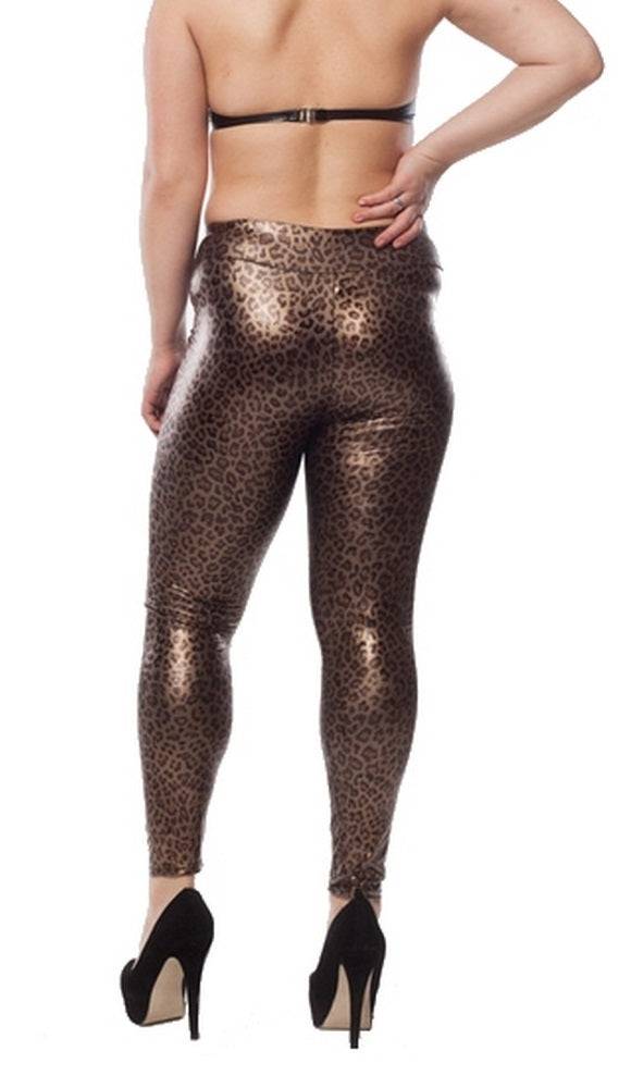Lau Fashion Leoparden Wetlook Stretch Leggings Glanz Lack Leder Jeggings Hose Treggings L/XL