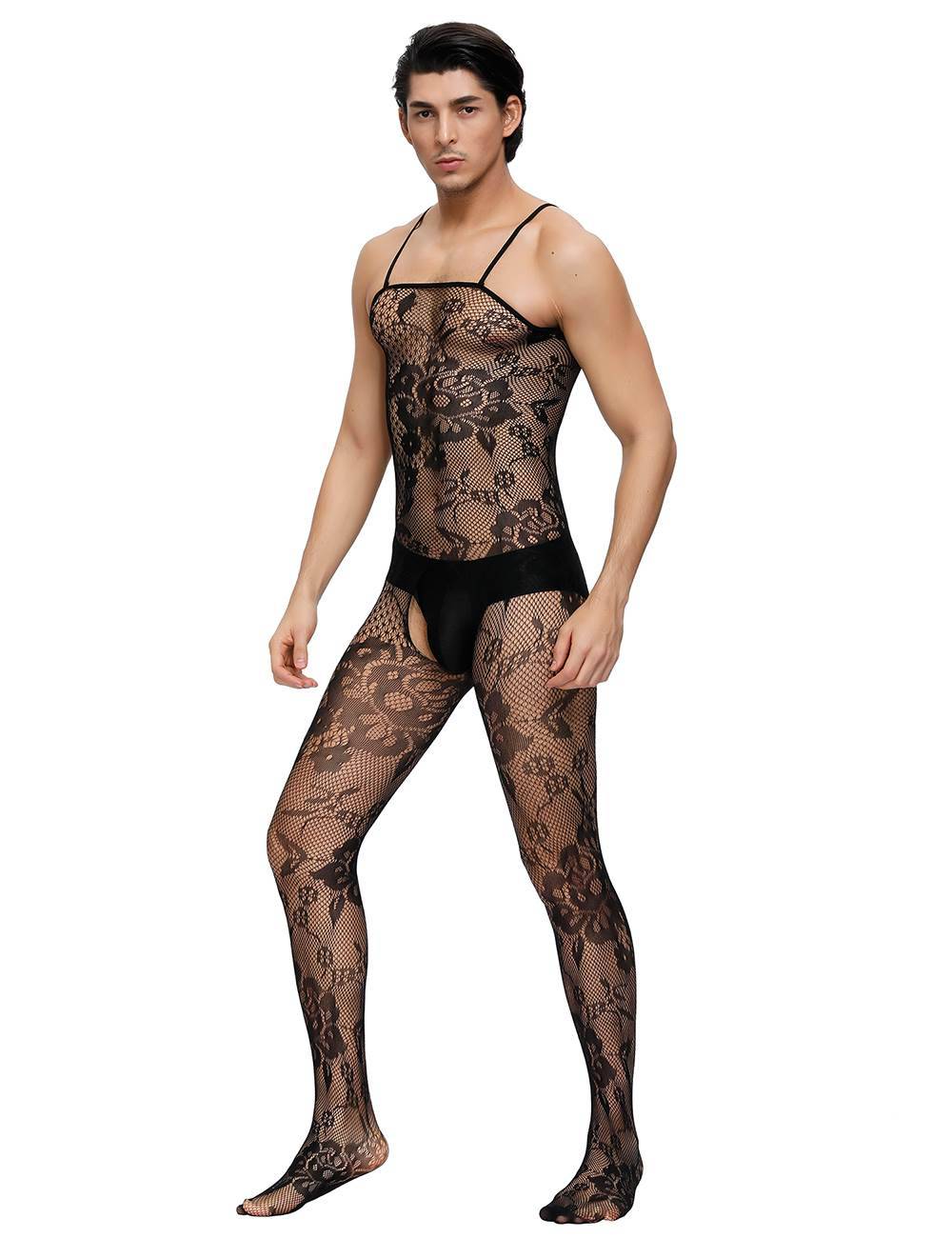 Lau Fashion Männer Catsuit Body Stocking Spitze Transparenz Reizwäsche Schwarz Träger S/M/L