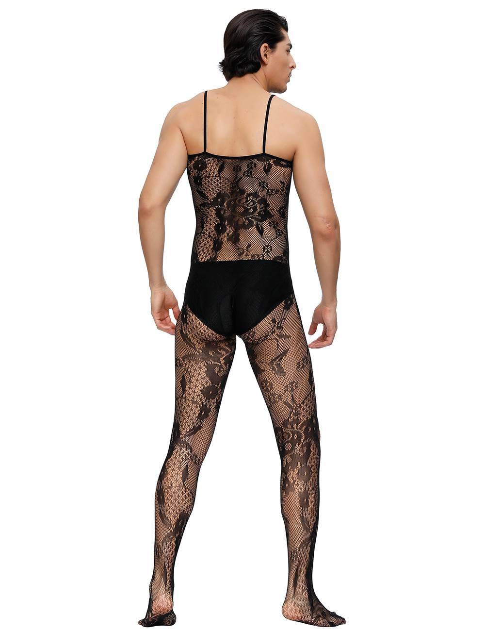 Lau Fashion Männer Catsuit Body Stocking Spitze Transparenz Reizwäsche Schwarz Träger S/M/L