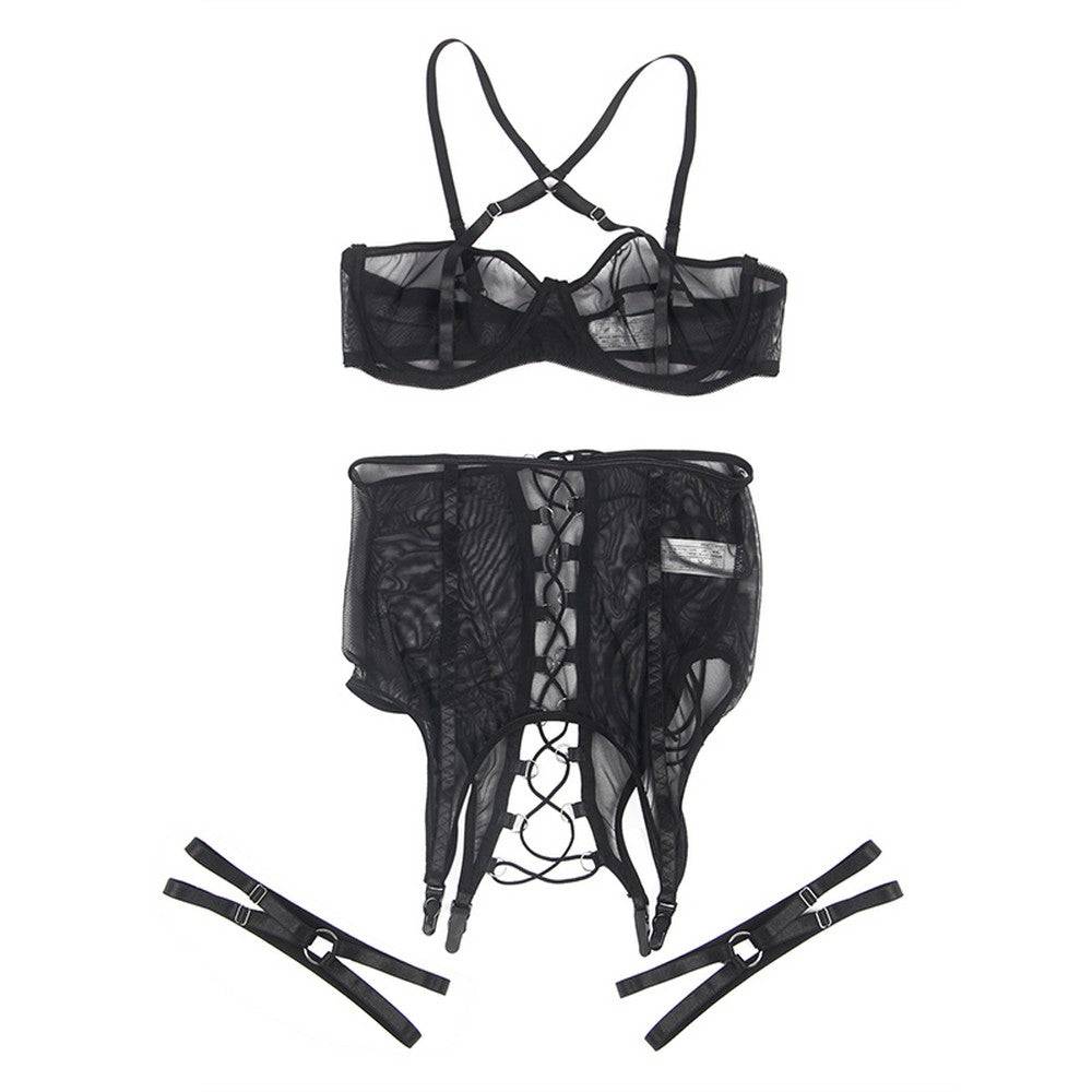 Lau Fashion NEU Transparent Netz Mesh Dessous Set Harness Mit Bügel Strumpfband S/XL - R81183